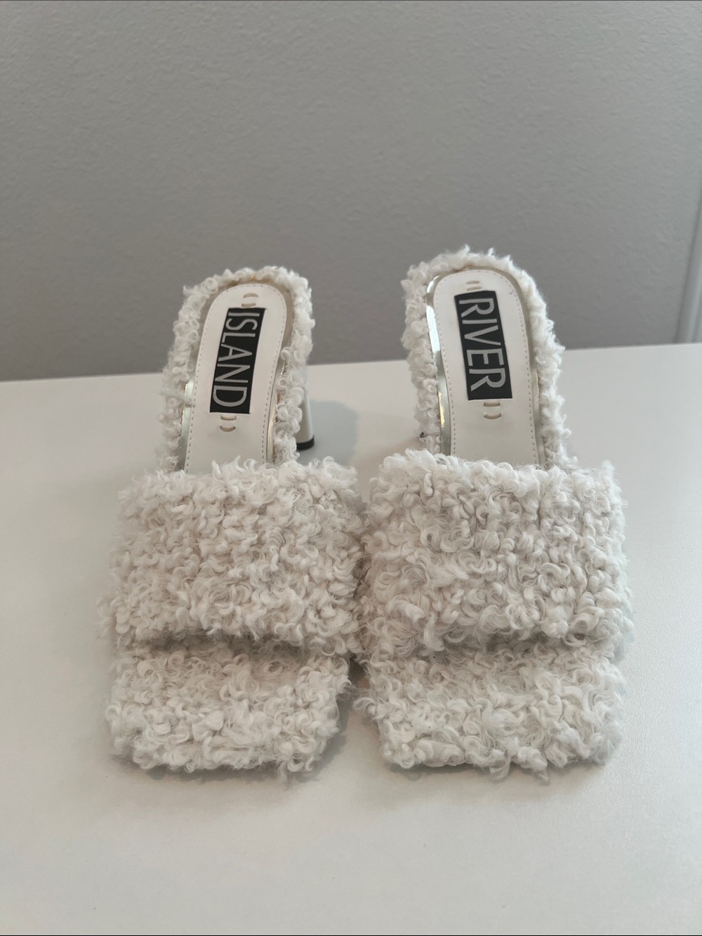 River Island Cream Faux-Shearling Block Heel Slides